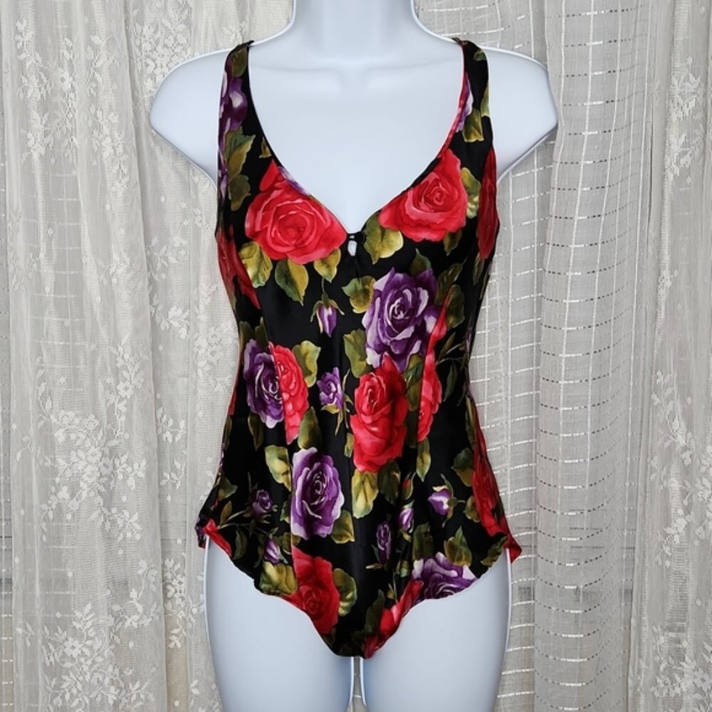 Vintage Y2K Victoria's Secret Black 100% Silk Blouse Top Teddy With Roses SzM